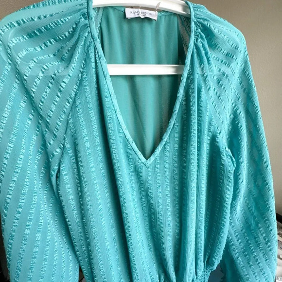 Ramy Brook Textured Mini Smocked Drop Waist Long Sleeve V-neck Dress Teal Size M - Picture 3 of 11